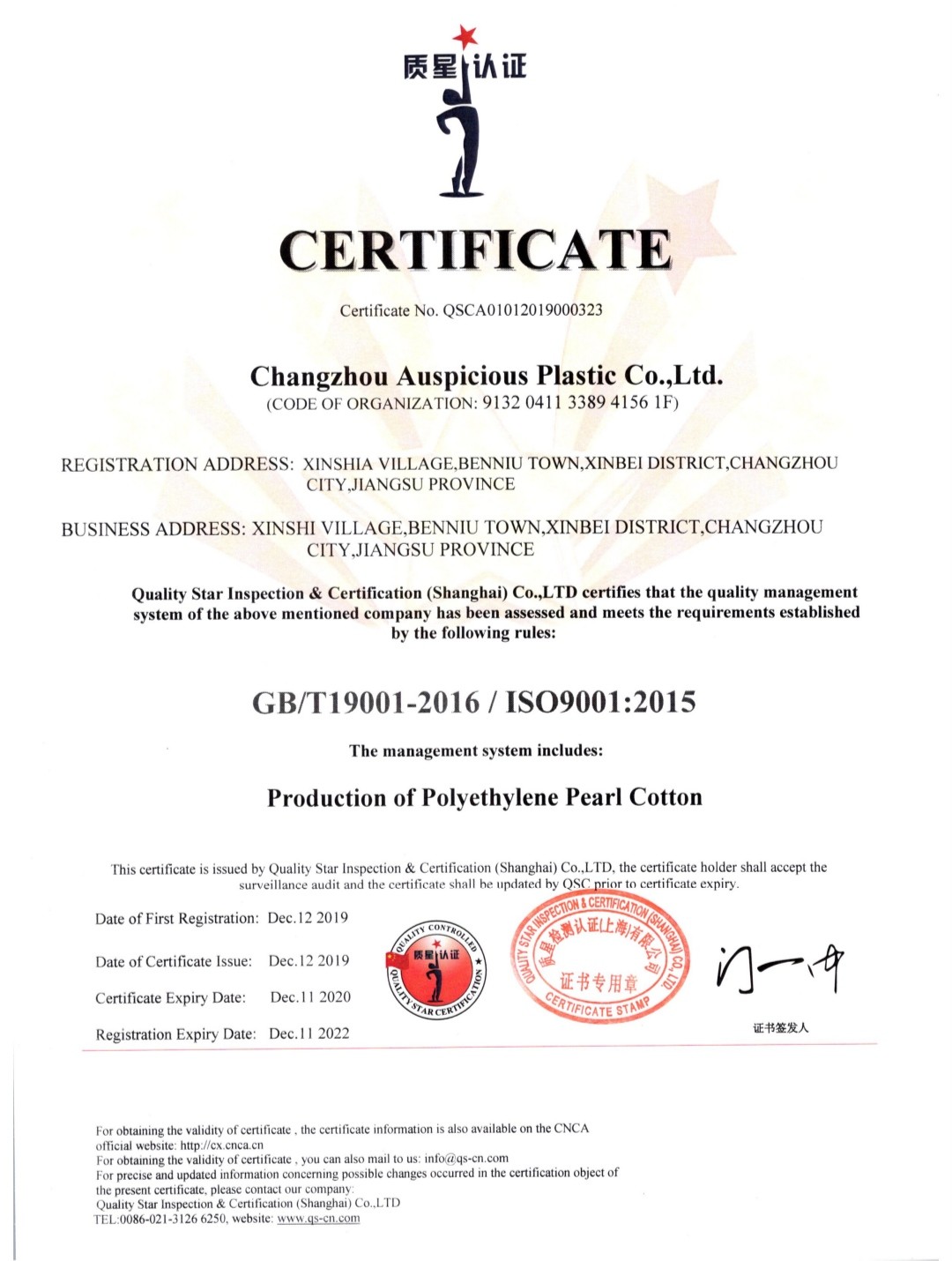 China Changzhou Auspicious Plastic Co., Ltd. Certificaten